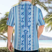 Tunisian Mosaic Pattern Hawaiian Shirt with Blue Stripes and Traditional Tile Design