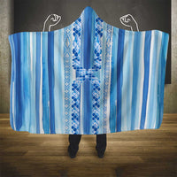 Tunisian Mosaic Pattern Hooded Blanket with Blue Stripes and Traditional Tile Design