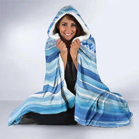 Tunisian Mosaic Pattern Hooded Blanket with Blue Stripes and Traditional Tile Design