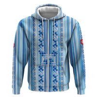 Tunisian Mosaic Pattern Hoodie with Blue Stripes and Traditional Tile Design