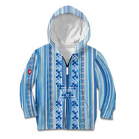 Tunisian Mosaic Pattern Kid Hoodie with Blue Stripes and Traditional Tile Design