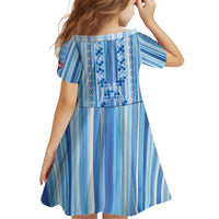 Tunisian Mosaic Pattern Kid Short Sleeve Dress with Blue Stripes and Traditional Tile Design