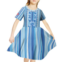 Tunisian Mosaic Pattern Kid Short Sleeve Dress with Blue Stripes and Traditional Tile Design