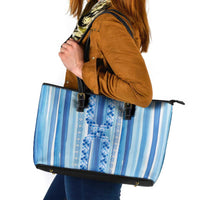 Tunisian Mosaic Pattern Leather Tote Bag with Blue Stripes and Traditional Tile Design