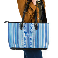 Tunisian Mosaic Pattern Leather Tote Bag with Blue Stripes and Traditional Tile Design