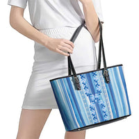 Tunisian Mosaic Pattern Leather Tote Bag with Blue Stripes and Traditional Tile Design