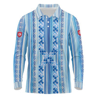 Tunisian Mosaic Pattern Long Sleeve Polo Shirt with Blue Stripes and Traditional Tile Design