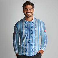Tunisian Mosaic Pattern Long Sleeve Polo Shirt with Blue Stripes and Traditional Tile Design