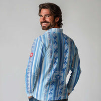 Tunisian Mosaic Pattern Long Sleeve Polo Shirt with Blue Stripes and Traditional Tile Design