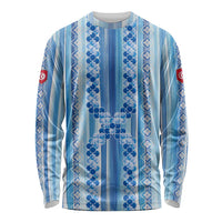 Tunisian Mosaic Pattern Long Sleeve Shirt with Blue Stripes and Traditional Tile Design