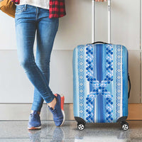 Tunisian Mosaic Pattern Luggage Cover with Blue Stripes and Traditional Tile Design