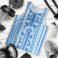 Tunisian Mosaic Pattern Men Tank Top with Blue Stripes and Traditional Tile Design