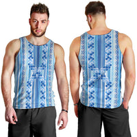 Tunisian Mosaic Pattern Men Tank Top with Blue Stripes and Traditional Tile Design