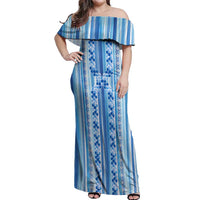 Tunisian Mosaic Pattern Off Shoulder Maxi Dress with Blue Stripes and Traditional Tile Design