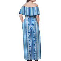 Tunisian Mosaic Pattern Off Shoulder Maxi Dress with Blue Stripes and Traditional Tile Design