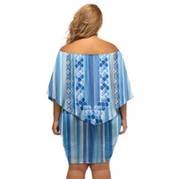 Tunisian Mosaic Pattern Off Shoulder Short Dress with Blue Stripes and Traditional Tile Design