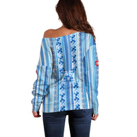 Tunisian Mosaic Pattern Off Shoulder Sweater with Blue Stripes and Traditional Tile Design