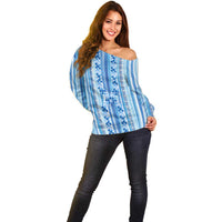 Tunisian Mosaic Pattern Off Shoulder Sweater with Blue Stripes and Traditional Tile Design