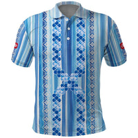 Tunisian Mosaic Pattern Polo Shirt with Blue Stripes and Traditional Tile Design