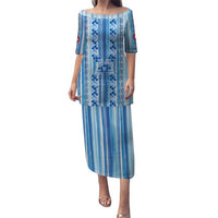 Tunisian Mosaic Pattern Puletasi with Blue Stripes and Traditional Tile Design