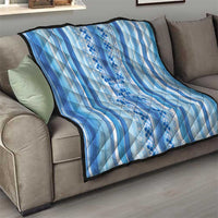 Tunisian Mosaic Pattern Quilt with Blue Stripes and Traditional Tile Design