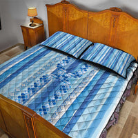 Tunisian Mosaic Pattern Quilt Bed Set with Blue Stripes and Traditional Tile Design