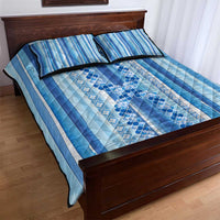 Tunisian Mosaic Pattern Quilt Bed Set with Blue Stripes and Traditional Tile Design