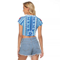 Tunisian Mosaic Pattern Raglan Cropped T Shirt with Blue Stripes and Traditional Tile Design