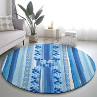 Tunisian Mosaic Pattern Round Carpet with Blue Stripes and Traditional Tile Design