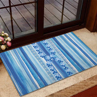 Tunisian Mosaic Pattern Rubber Doormat with Blue Stripes and Traditional Tile Design