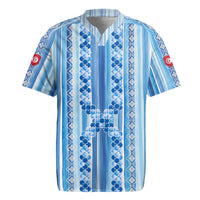 Tunisian Mosaic Pattern Rugby Jersey with Blue Stripes and Traditional Tile Design
