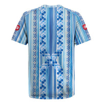 Tunisian Mosaic Pattern Rugby Jersey with Blue Stripes and Traditional Tile Design