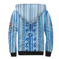 Tunisian Mosaic Pattern Sherpa Hoodie with Blue Stripes and Traditional Tile Design