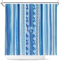 Tunisian Mosaic Pattern Shower Curtain with Blue Stripes and Traditional Tile Design