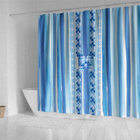 Tunisian Mosaic Pattern Shower Curtain with Blue Stripes and Traditional Tile Design