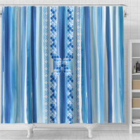 Tunisian Mosaic Pattern Shower Curtain with Blue Stripes and Traditional Tile Design