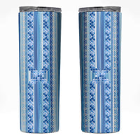 Tunisian Mosaic Pattern Skinny Tumbler with Blue Stripes and Traditional Tile Design