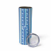 Tunisian Mosaic Pattern Skinny Tumbler with Blue Stripes and Traditional Tile Design