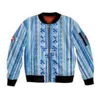 Tunisian Mosaic Pattern Sleeve Zip Bomber Jacket with Blue Stripes and Traditional Tile Design