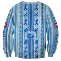 Tunisian Mosaic Pattern Sweatshirt with Blue Stripes and Traditional Tile Design