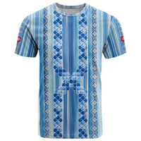 Tunisian Mosaic Pattern T Shirt with Blue Stripes and Traditional Tile Design