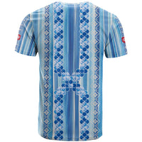 Tunisian Mosaic Pattern T Shirt with Blue Stripes and Traditional Tile Design