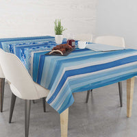 Tunisian Mosaic Pattern Tablecloth with Blue Stripes and Traditional Tile Design