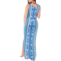 Tunisian Mosaic Pattern Tank Maxi Dress with Blue Stripes and Traditional Tile Design