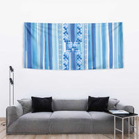Tunisian Mosaic Pattern Tapestry with Blue Stripes and Traditional Tile Design