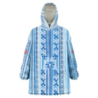 Tunisian Mosaic Pattern Wearable Blanket Hoodie with Blue Stripes and Traditional Tile Design