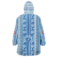 Tunisian Mosaic Pattern Wearable Blanket Hoodie with Blue Stripes and Traditional Tile Design