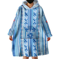 Tunisian Mosaic Pattern Wearable Blanket Hoodie with Blue Stripes and Traditional Tile Design