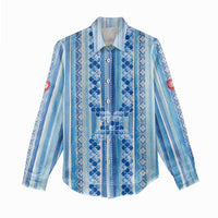 Tunisian Mosaic Pattern Women Casual Shirt with Blue Stripes and Traditional Tile Design
