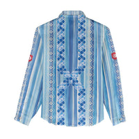 Tunisian Mosaic Pattern Women Casual Shirt with Blue Stripes and Traditional Tile Design
